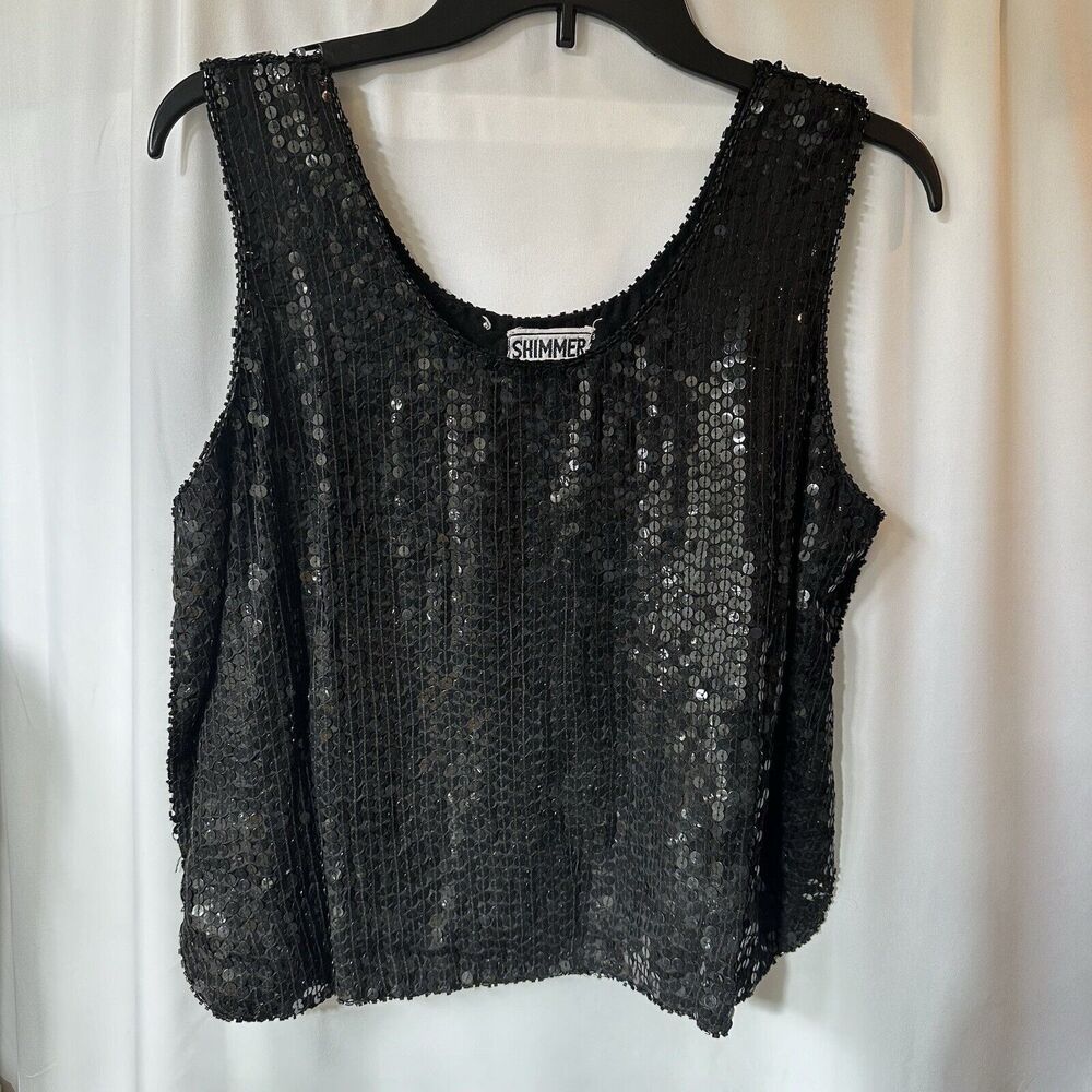 Shimmer Top Blouse Tank Black Sequin Sparkle Sleeveless Lined Sz Medium